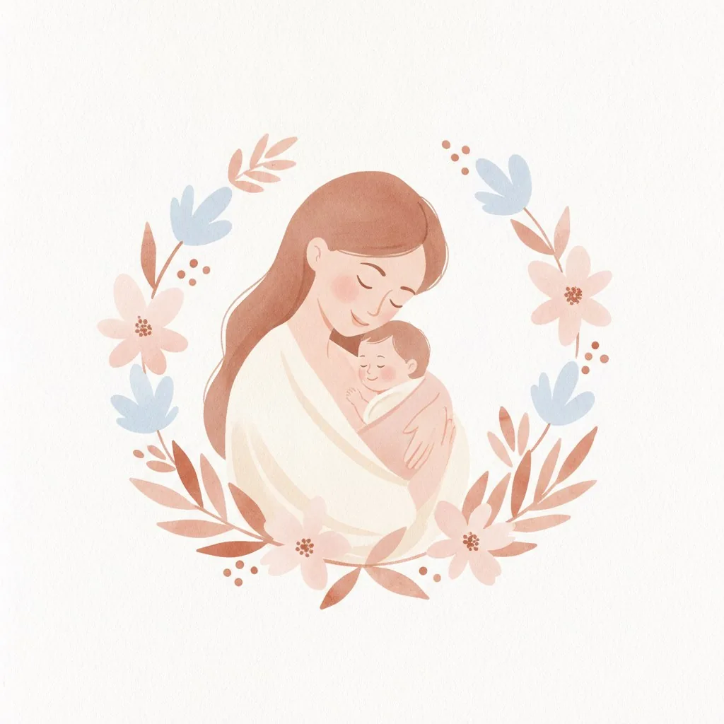 Watercolor illustration of a mother holding her baby close, framed by soft leaves
