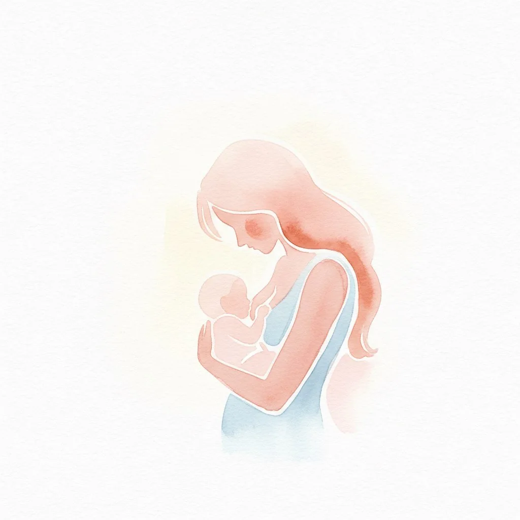 Watercolor illustration of a mother breastfeeding her baby in soft light