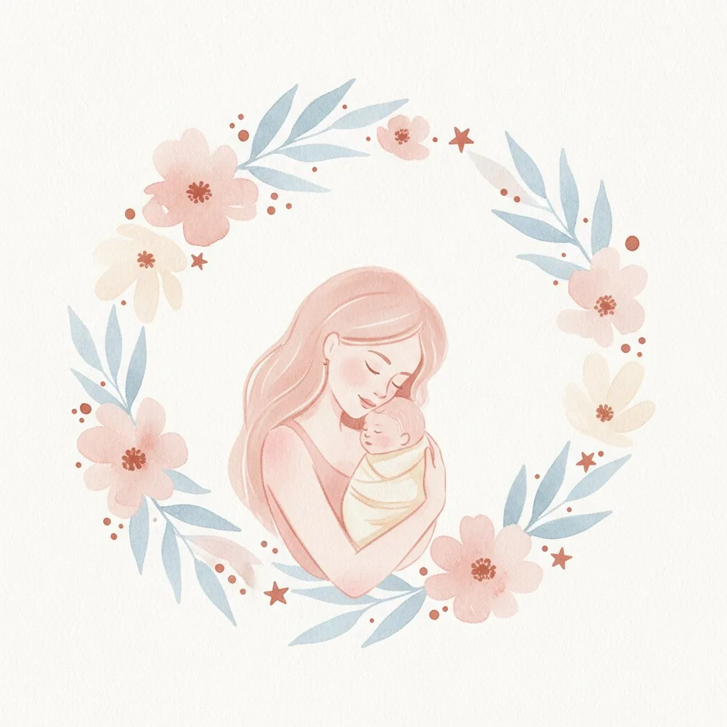 Watercolor illustration of a mother cradling her newborn inside a wreath of flowers