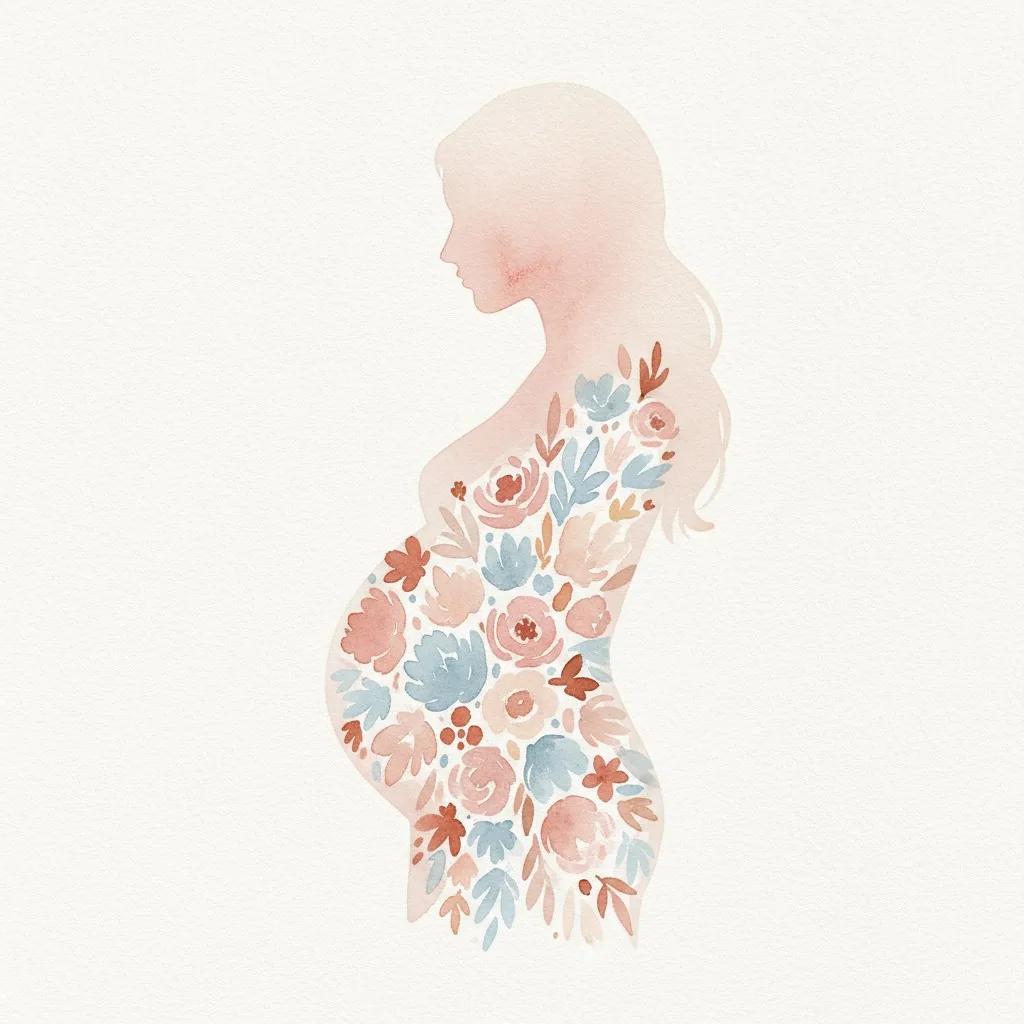 Watercolor silhouette of a pregnant woman with flowers blooming over her belly