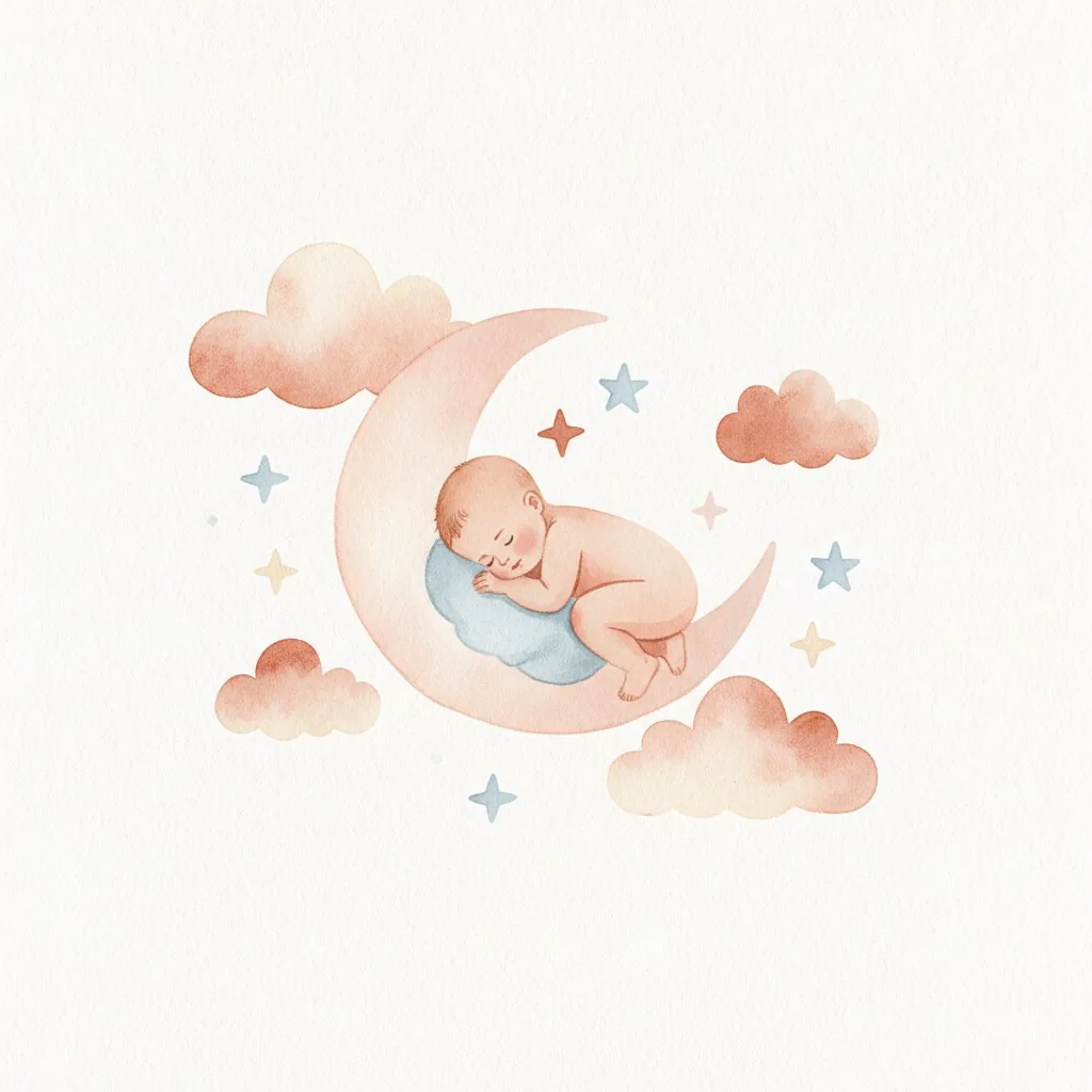 Watercolor illustration of a baby sleeping on a crescent moon among small clouds