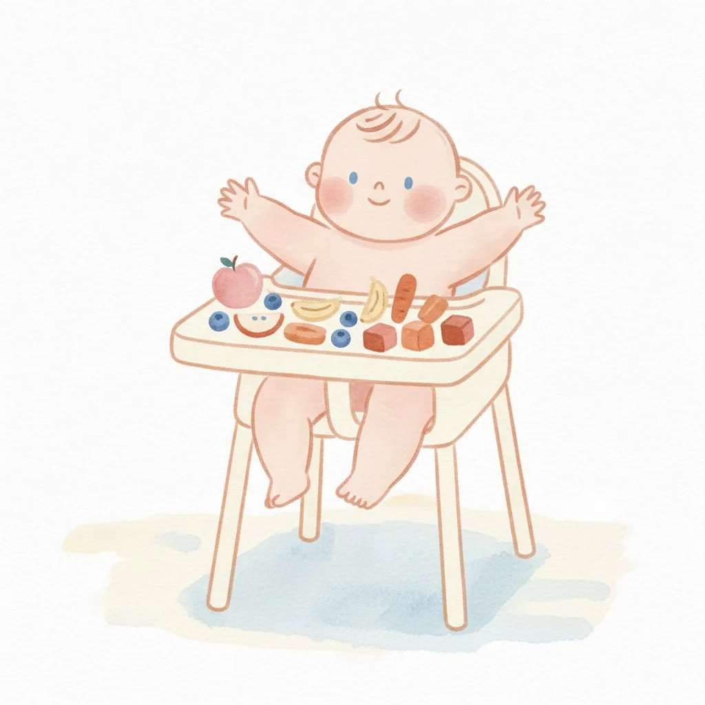 Watercolor illustration of a happy baby in a high chair reaching for fruit