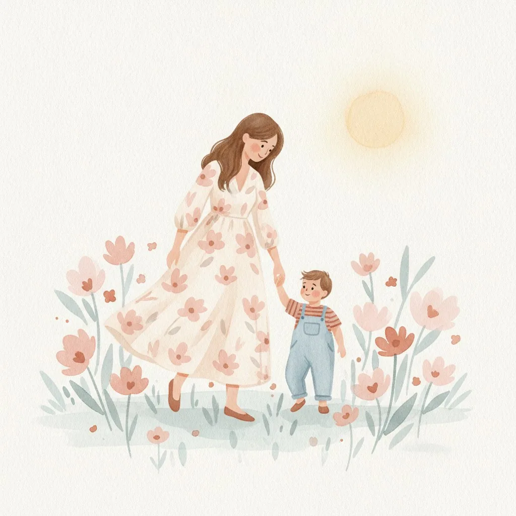 Watercolor illustration of a mother and toddler walking hand in hand among flowers