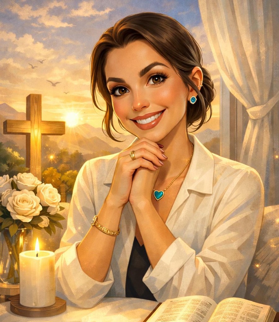 Illustrated portrait of Claudeth Gómez Obregón in prayer beside an open Bible